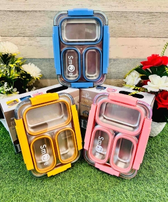 Picture of Food Eat 3 Compartment Stainless Steel Lunch Box with Plastic Cutlery Inside, Heating & Water Insulation Design Use for Office, School & Travelling, 710 Ml - Blue (Pink)