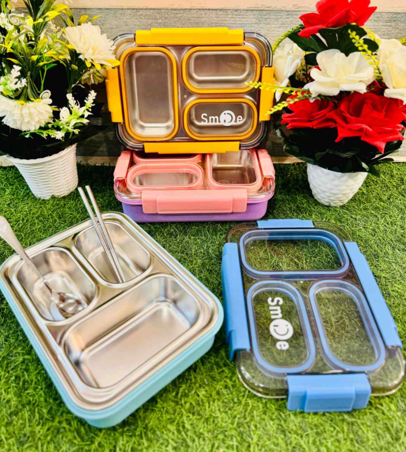 Picture of Food Eat 3 Compartment Stainless Steel Lunch Box with Plastic Cutlery Inside, Heating & Water Insulation Design Use for Office, School & Travelling, 710 Ml - Blue (Pink)