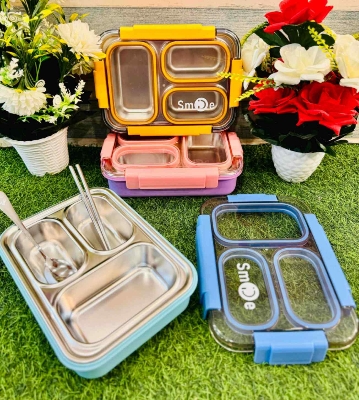 Picture of Food Eat 3 Compartment Stainless Steel Lunch Box with Plastic Cutlery Inside, Heating & Water Insulation Design Use for Office, School & Travelling, 710 Ml - Blue (Pink)