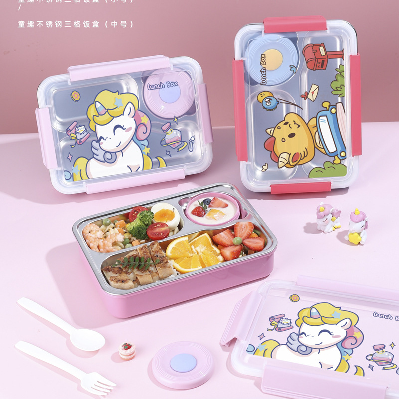 Picture of Lunch Box Kids Stainless Steel Lunch Box Cartoon Design Cute Meal Lunch Box With Fork Bowl 3 Compartments