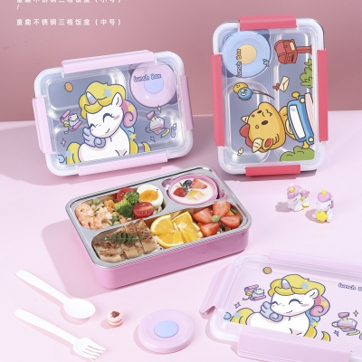 Picture of Lunch Box Kids Stainless Steel Lunch Box Cartoon Design Cute Meal Lunch Box With Fork Bowl 3 Compartments