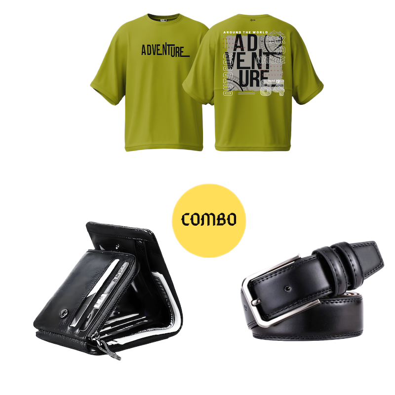 Picture of Avro Combo Pack  For Men - Premium Men's Leather Black Wallet For Men - Premium Men's Semi Drop Shoulder Lemon Yellow Tshirt For Men - Artificial Leather Belt For Men
