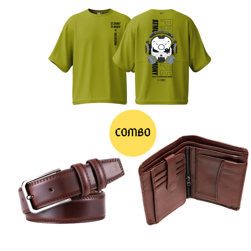 Picture of Avro Combo Pack  For Men - Premium Men's Leather Wallet For Men - Premium Men's Semi Drop Shoulder Lemon Yellow Tshirt For Men - Artificial Leather Belt For Men