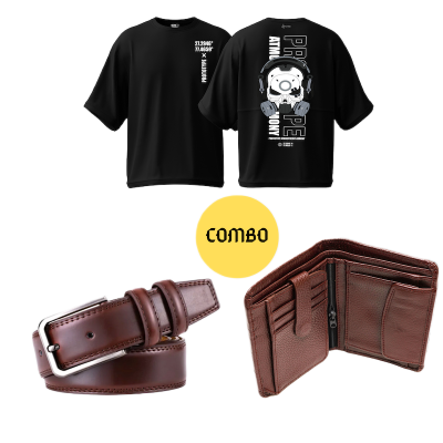 Picture of Avro Combo Pack  For Men - Premium Men's Leather Wallet For Men - Premium Men's Semi Drop Shoulder Black Tshirt For Men - Artificial Leather Belt For Men