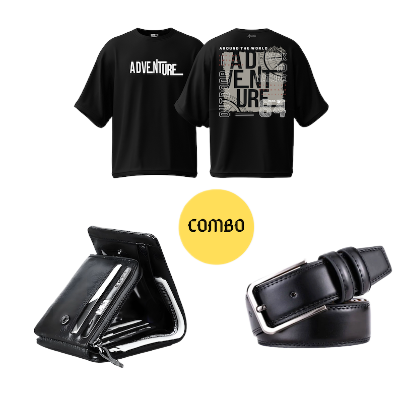 Picture of Avro Combo Pack  For Men - Premium Men's Black Leather Wallet For Men - Premium Men's Semi Drop Shoulder Black Tshirt For Men - Artificial Leather Belt For Men Black
