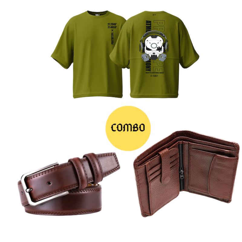 Picture of Avro Combo Pack  For Men - Premium Men's Leather Wallet For Men - Premium Men's Semi Drop Shoulder Olive Tshirt For Men - Artificial Leather Belt For Men