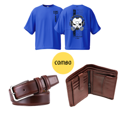 Picture of Avro Combo Pack  For Men - Premium Men's Leather Wallet For Men - Premium Men's Semi Drop Shoulder Royal Blue Tshirt For Men - Artificial Leather Belt For Men