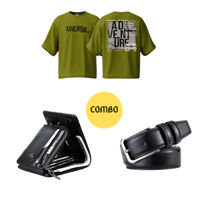 Picture of Avro Combo Pack  For Men - Premium Men's Leather Black Wallet For Men - Premium Men's Semi Drop Shoulder Olive Tshirt For Men - Artificial Leather Belt For Men Black