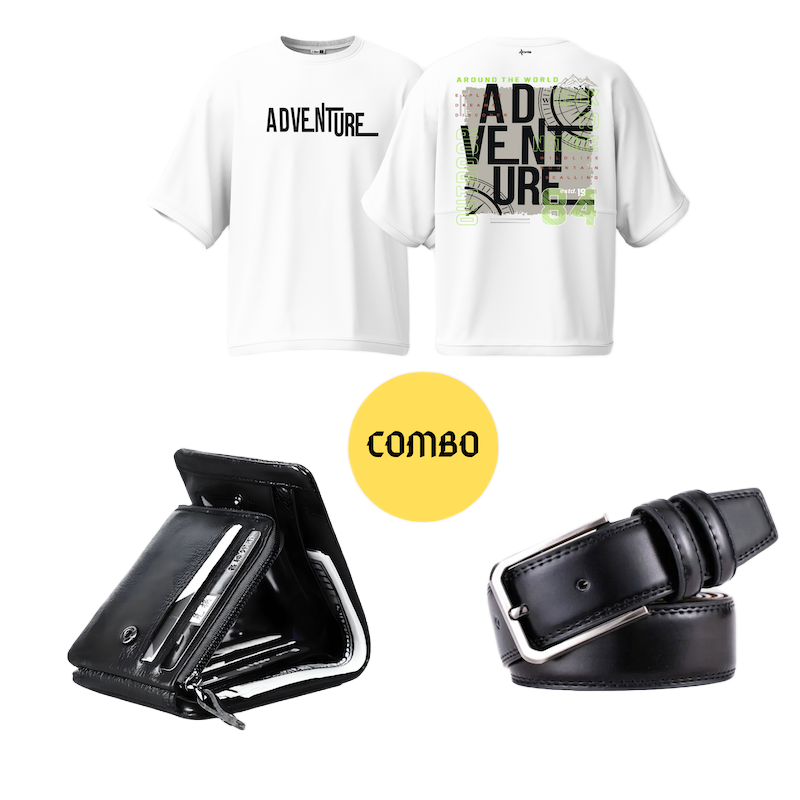 Picture of Avro Combo Pack  For Men - Premium Men's Black Leather Wallet For Men - Premium Men's Semi Drop Shoulder White Tshirt For Men - Artificial Leather Belt For Men