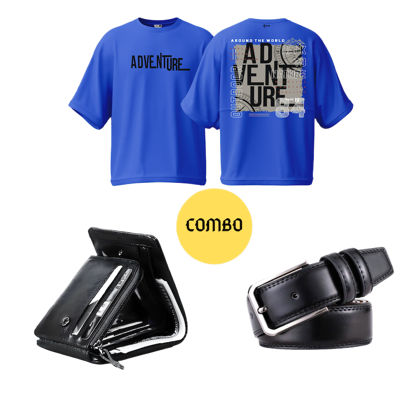 Picture of Avro Combo Pack  For Men - Premium Men's Black Leather Wallet For Men - Premium Men's Semi Drop Shoulder Royal Blue Tshirt For Men - Artificial Leather Belt For Men