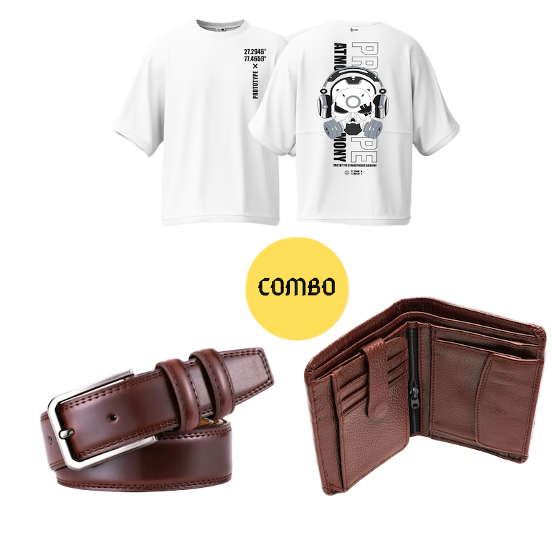 Picture of Avro Combo Pack  For Men - Premium Men's Leather Wallet For Men - Premium Men's Semi Drop Shoulder White Tshirt For Men - Artificial Leather Belt For Men
