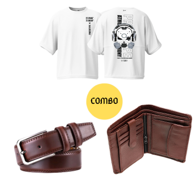 Picture of Avro Combo Pack  For Men - Premium Men's Leather Wallet For Men - Premium Men's Semi Drop Shoulder White Tshirt For Men - Artificial Leather Belt For Men