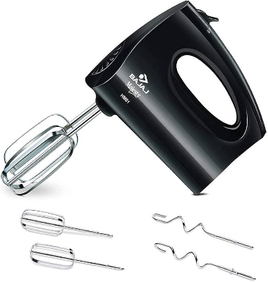 Picture of Roll over image to zoom in   4 VIDEOS      Bajaj HM-01 250W Hand Blender | 250 Watts Powerful DC Motor | 3-Speed Control | Hand Mixer with Stainless Steel Accessories & Attachments | 1.Yr Warranty | Black