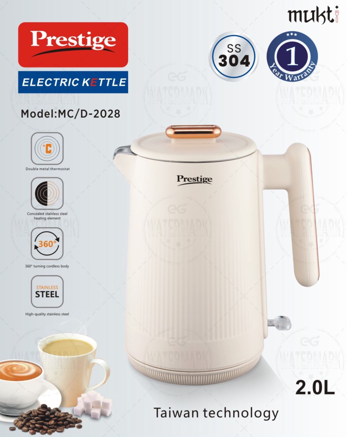 Picture of Prestige Electric Kettle with 2.0L Capacity - Model MC/2028 for Quick and Hassle-Free Boiling - Efficient and Convenient