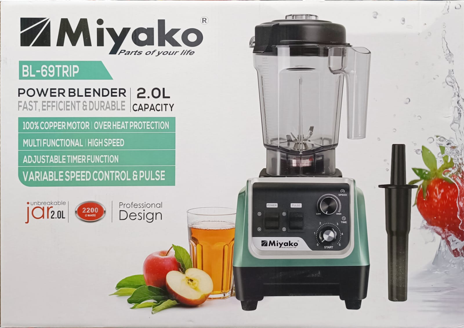 Picture of Commercial Multi Functional Power Blender 2200 Watts, Green/Black. Miyako BL-69TRIP 2.0L Jar
