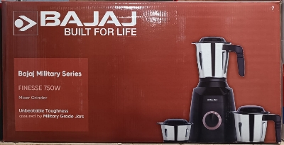 Picture of Bajaj Military Series Finesse 750W Mixer Grinder | 3 Stainless Steel Military Grade Jars*, DuraCut Blade,Midnight Black, 750 watts