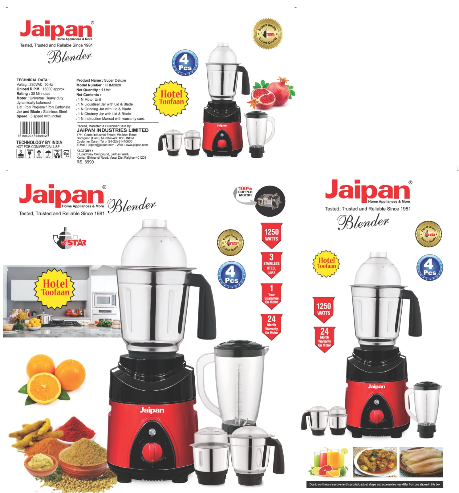 Picture of Jaipan Hotel Toofaan 4 in1 1250w Electric Grinder & Blender Made in INDIA