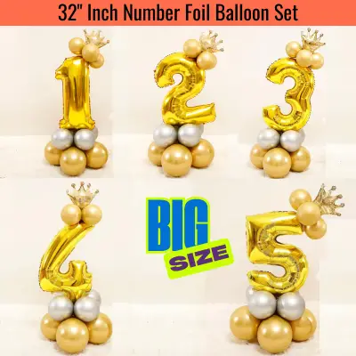 32” Number Foil Balloons with Mini Crown Topper – Ideal for Birthday, Wedding Anniversary & Party Decorations (12 Pcs Pack)