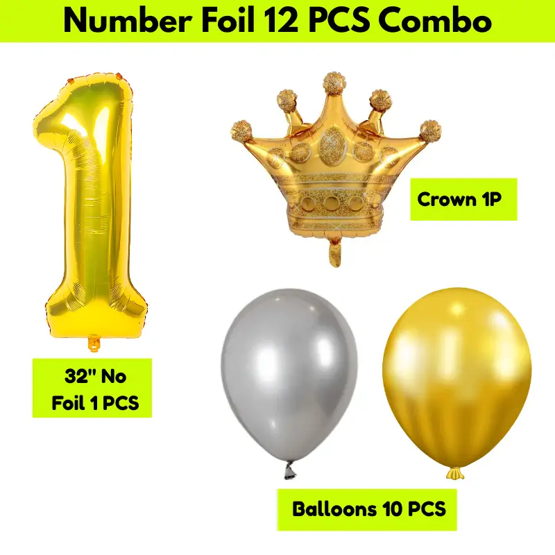 32” Number Foil Balloons with Mini Crown Topper – Ideal for Birthday, Wedding Anniversary & Party Decorations (12 Pcs Pack)