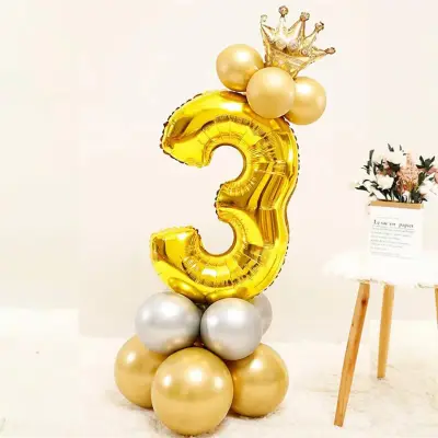 32” Number Foil Balloons with Mini Crown Topper – Ideal for Birthday, Wedding Anniversary & Party Decorations (12 Pcs Pack)