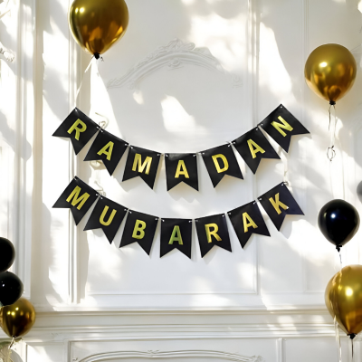 Ramadan Mubarak Card Banner - Black and Gold Ramadan Mubarak Banner for Eid Festival- (Pack of 1 Pcs)
