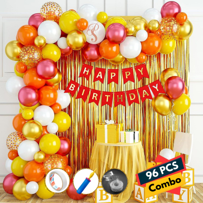 Orange Birthday Decor Combo– Banner, Foil Curtain, Metallic & Confetti Balloons, Pumper, Arch & Tape Kit – Full Set of 96 Pcs