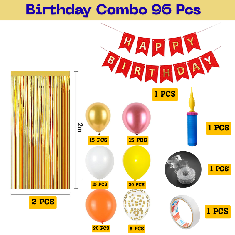 Orange Birthday Decor Combo– Banner, Foil Curtain, Metallic & Confetti Balloons, Pumper, Arch & Tape Kit – Full Set of 96 Pcs