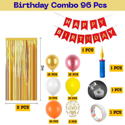 Orange Birthday Decor Combo– Banner, Foil Curtain, Metallic & Confetti Balloons, Pumper, Arch & Tape Kit – Full Set of 96 Pcs