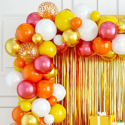 Orange Birthday Decor Combo– Banner, Foil Curtain, Metallic & Confetti Balloons, Pumper, Arch & Tape Kit – Full Set of 96 Pcs