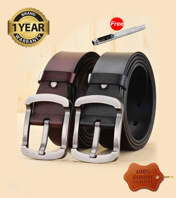 Picture of 2 Pcs Round Style Genuine Leather Belt Combo with Free Punch Machine Genuine Leather