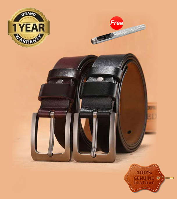Picture of 2 Pcs Square Style Genuine Leather Belt Combo with Free Punch Machine Genuine Leather