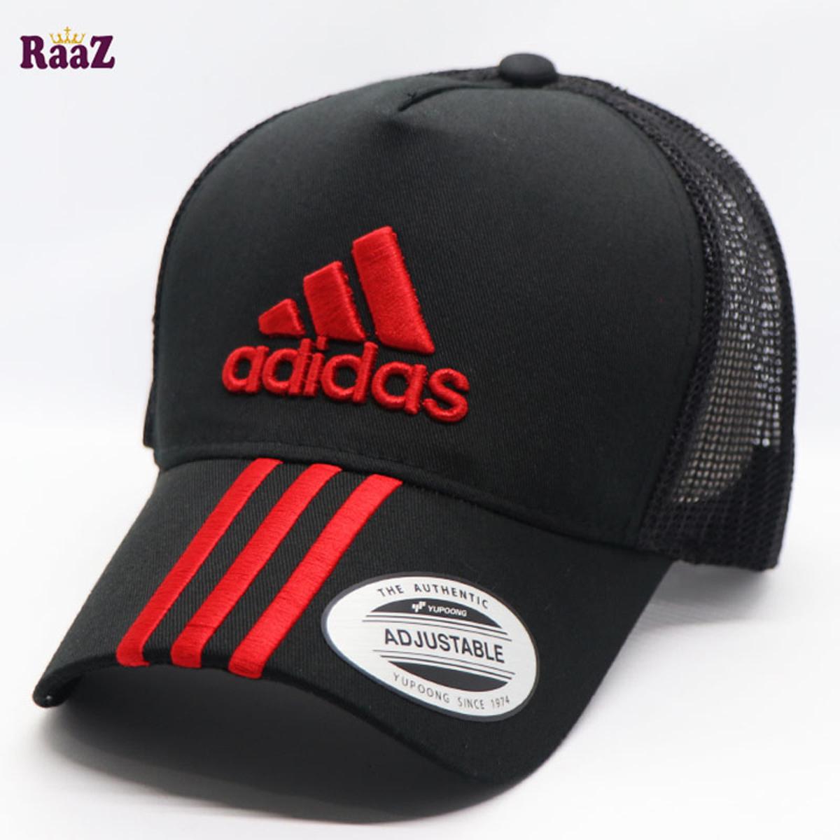 Picture of Black Red Half Net Embroidery Logo Cotton Curved Cap