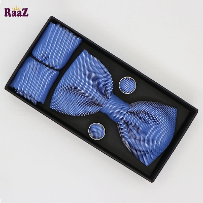 Picture of Navy Blue Silk Bow Tie Set With Cufflink And Pocket Square