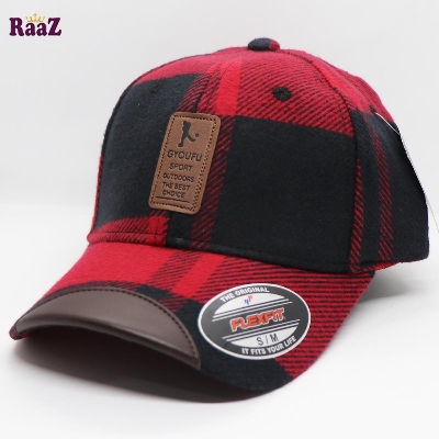 Picture of Red Black Gyoufu Leather Logo Big Check Premium Fabrics Baseball Cap