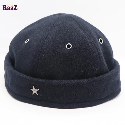 Picture of Navy Blue Star Spandex Vintage Distressed Brimless Cap Rolled Cuff Skull Cap for Women and Men Wool Docker Hat (Free Size)