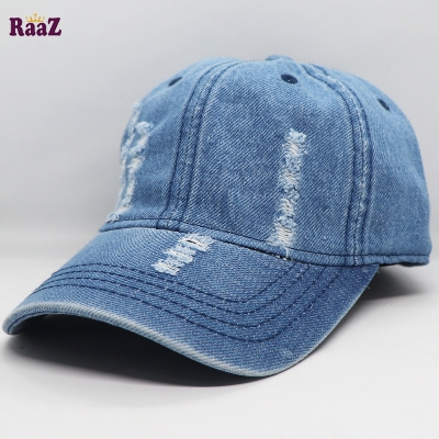 Picture of Sky Blue Ripped Jeans Denim Curved Visor Cap