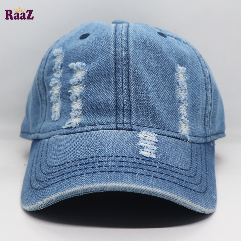 Picture of Sky Blue Ripped Jeans Denim Curved Visor Cap