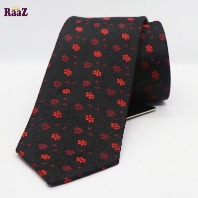 Picture of Black Red Small Flower Embroidery Design Formal Tie For Men