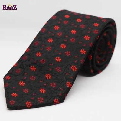 Picture of Black Red Small Flower Embroidery Design Formal Tie For Men