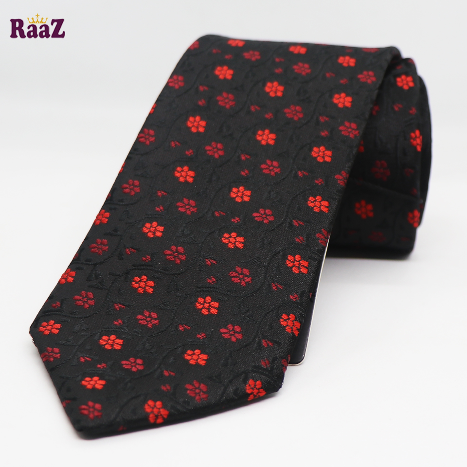 Picture of Black Red Small Flower Embroidery Design Formal Tie For Men