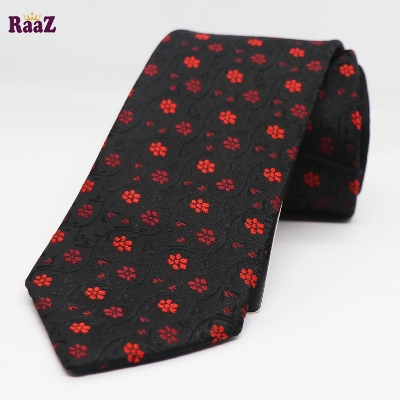 Picture of Black Red Small Flower Embroidery Design Formal Tie For Men