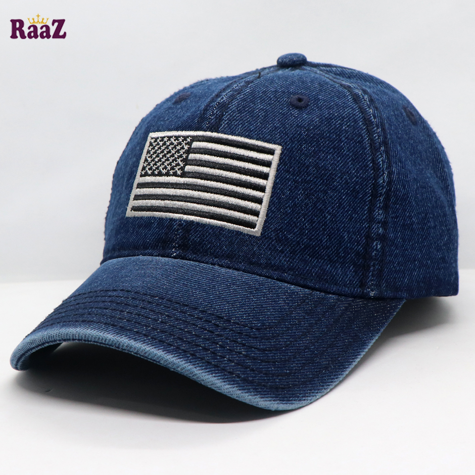 Picture of US Flag Embroidery Front Deep Blue Denim Curved Cap