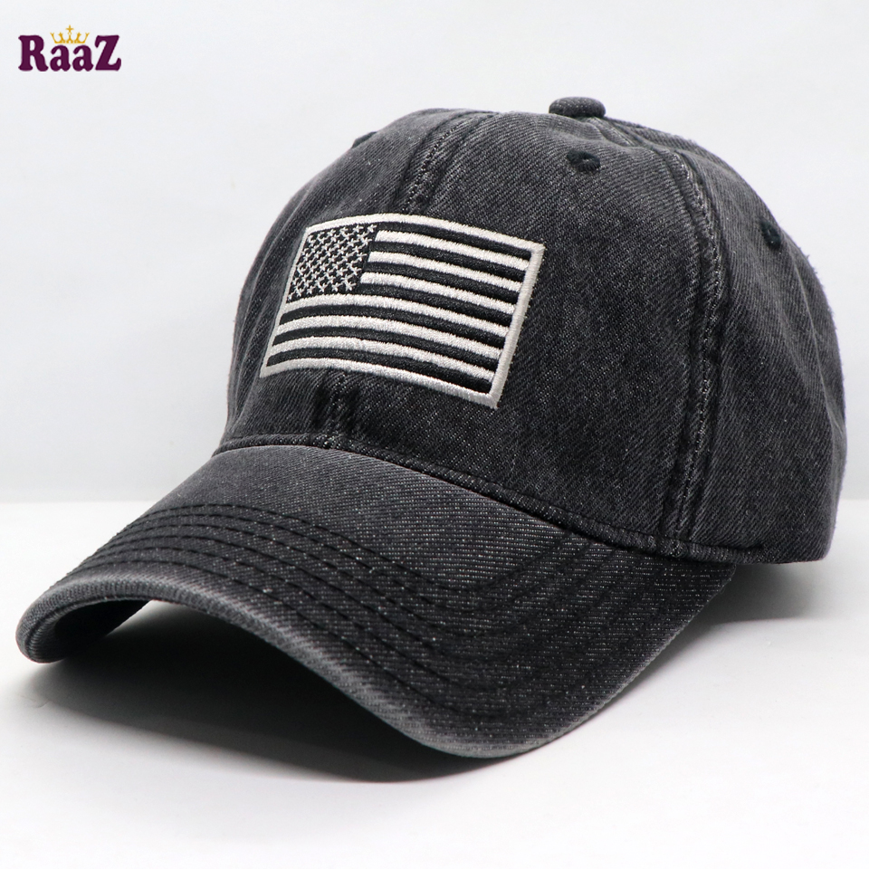 Picture of Black US Flag Embroidery Front Denim Curved Cap