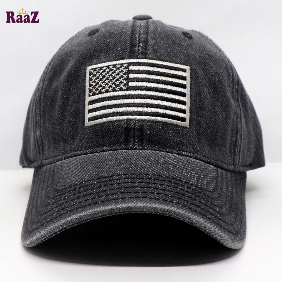 Picture of Black US Flag Embroidery Front Denim Curved Cap
