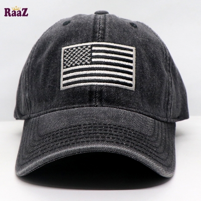 Picture of Black US Flag Embroidery Front Denim Curved Cap
