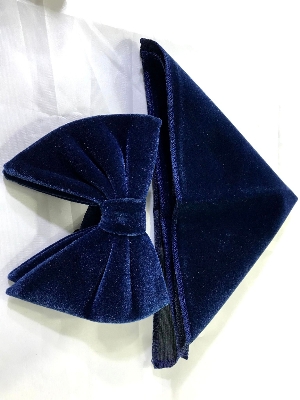 Picture of Velvet Bow Tie And Pocket Square Set For Men (Navy Blue)