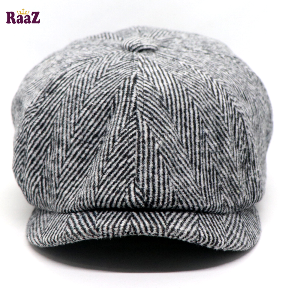 Picture of Grey Black Men's Flat Top Hat Ivy Gatsby Driving Cap Autumn Winter Newsboy Hat Octagonal Hats