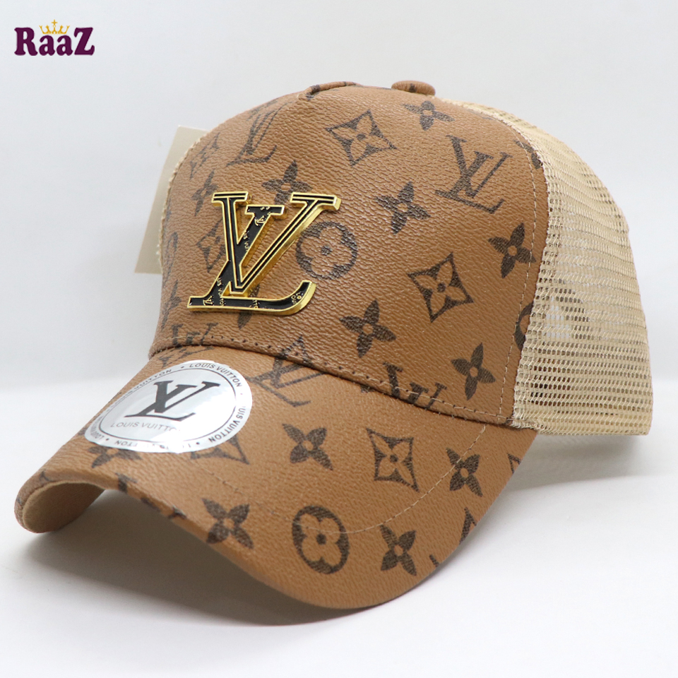 Picture of Brown Metal Logo Premium China Leather Half Net Imported Cap