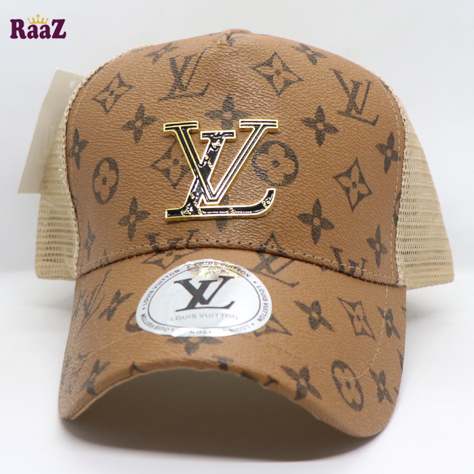 Picture of Brown Metal Logo Premium China Leather Half Net Imported Cap