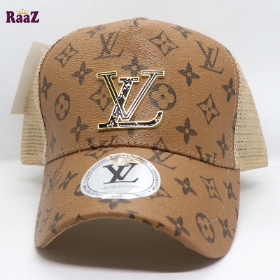 Picture of Brown Metal Logo Premium China Leather Half Net Imported Cap